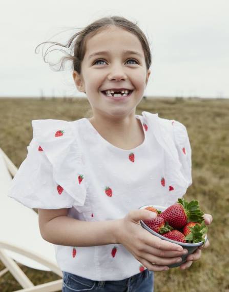 Apparel IE Joules Girls Lauren Woven Frill Shell Top STRAWBERRY SPOT JVVL318