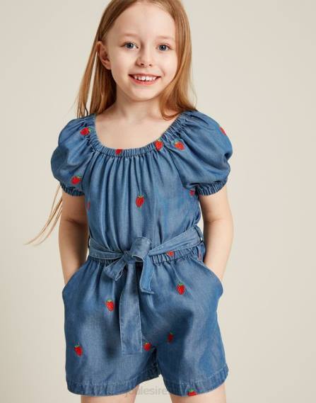 Apparel IE Joules Girls Betty Square Neck Playsuit 2-12 Years CHAMBRAY STRAWBERRY JVVL280