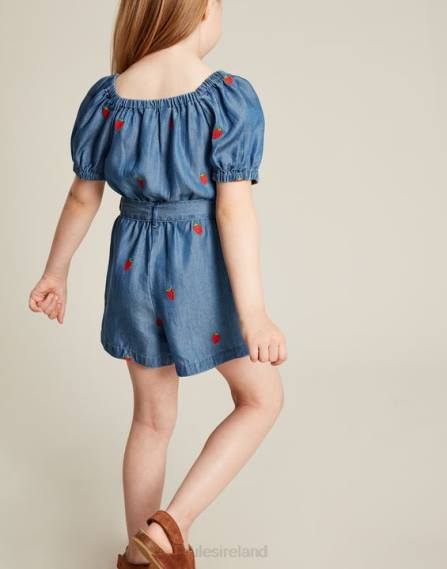 Apparel IE Joules Girls Betty Square Neck Playsuit 2-12 Years CHAMBRAY STRAWBERRY JVVL280