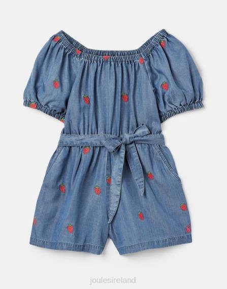 Apparel IE Joules Girls Betty Square Neck Playsuit 2-12 Years CHAMBRAY STRAWBERRY JVVL280