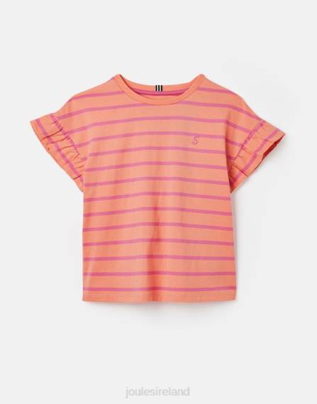 Apparel IE Joules Girls Frillside Short Sleeve Frill T-Shirt 2-12 Years PEACH STRIPE JVVL297