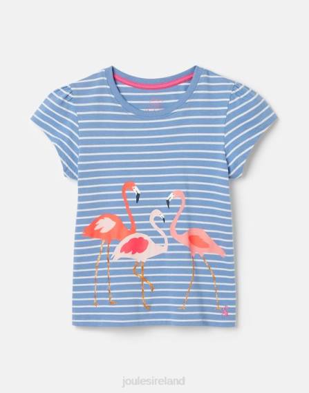 Apparel IE Joules Girls Pixie Screenprint T-Shirt 2-12 Years BLUE STRIPE FLAMINGO JVVL289