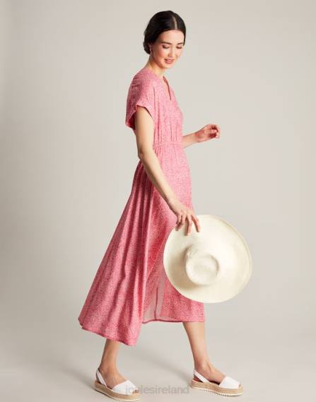 Apparel IE Joules Women Abigail V Neck Dress HOT PINK WILLOW SPOT JVVL96