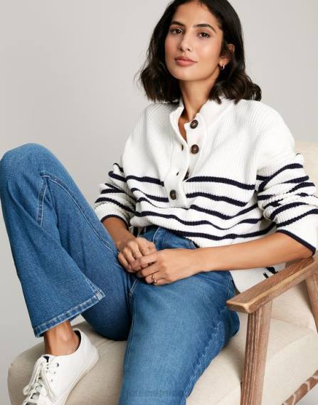 Apparel IE Joules Women Cove Button Through Chunky Sweater NAVY CREME STRIPE JVVL90