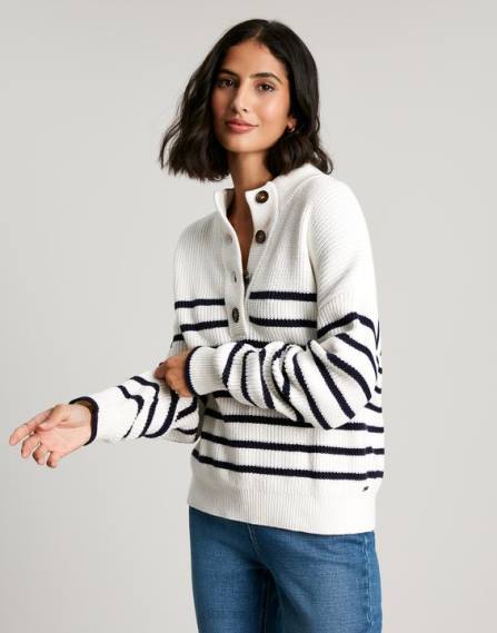 Apparel IE Joules Women Cove Button Through Chunky Sweater NAVY CREME STRIPE JVVL90