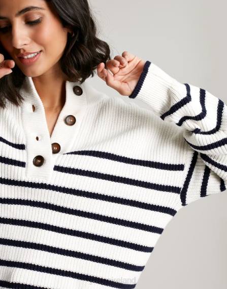 Apparel IE Joules Women Cove Button Through Chunky Sweater NAVY CREME STRIPE JVVL90
