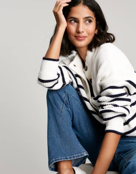 Apparel IE Joules Women Cove Button Through Chunky Sweater NAVY CREME STRIPE JVVL90