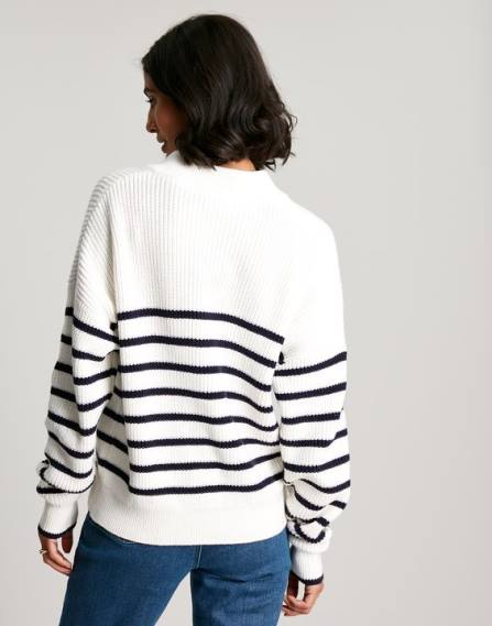 Apparel IE Joules Women Cove Button Through Chunky Sweater NAVY CREME STRIPE JVVL90
